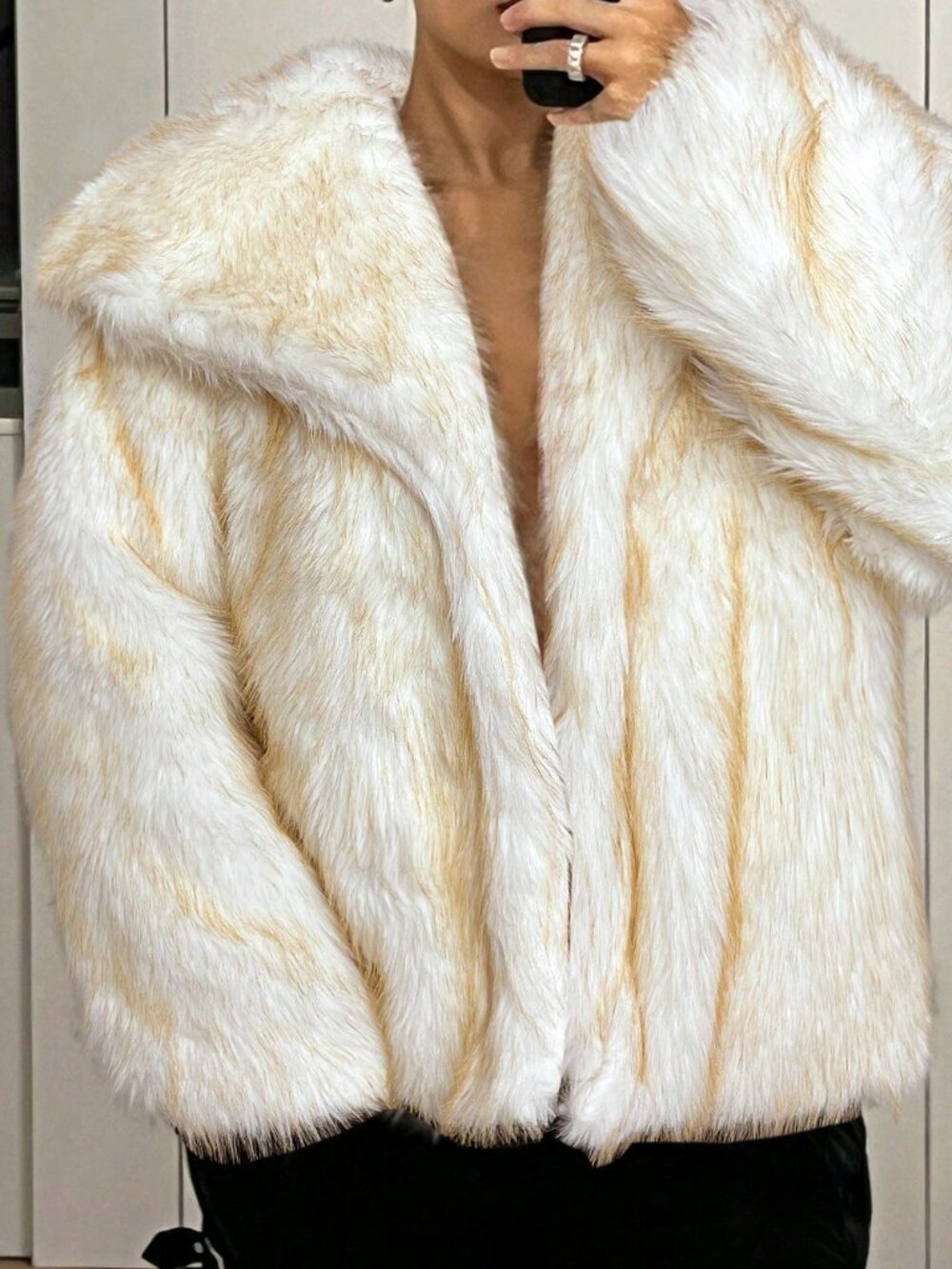 White Casual Women's Oversized Collar Open Front Faux Fur Jacket